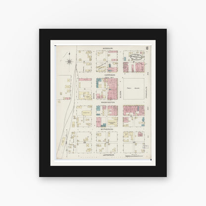 Old map wall art mockup — black gallery frame with white mat — Sanborn Fire Insurance Map from Kirksville, Adair County, Missouri (1886), Sheet #0002