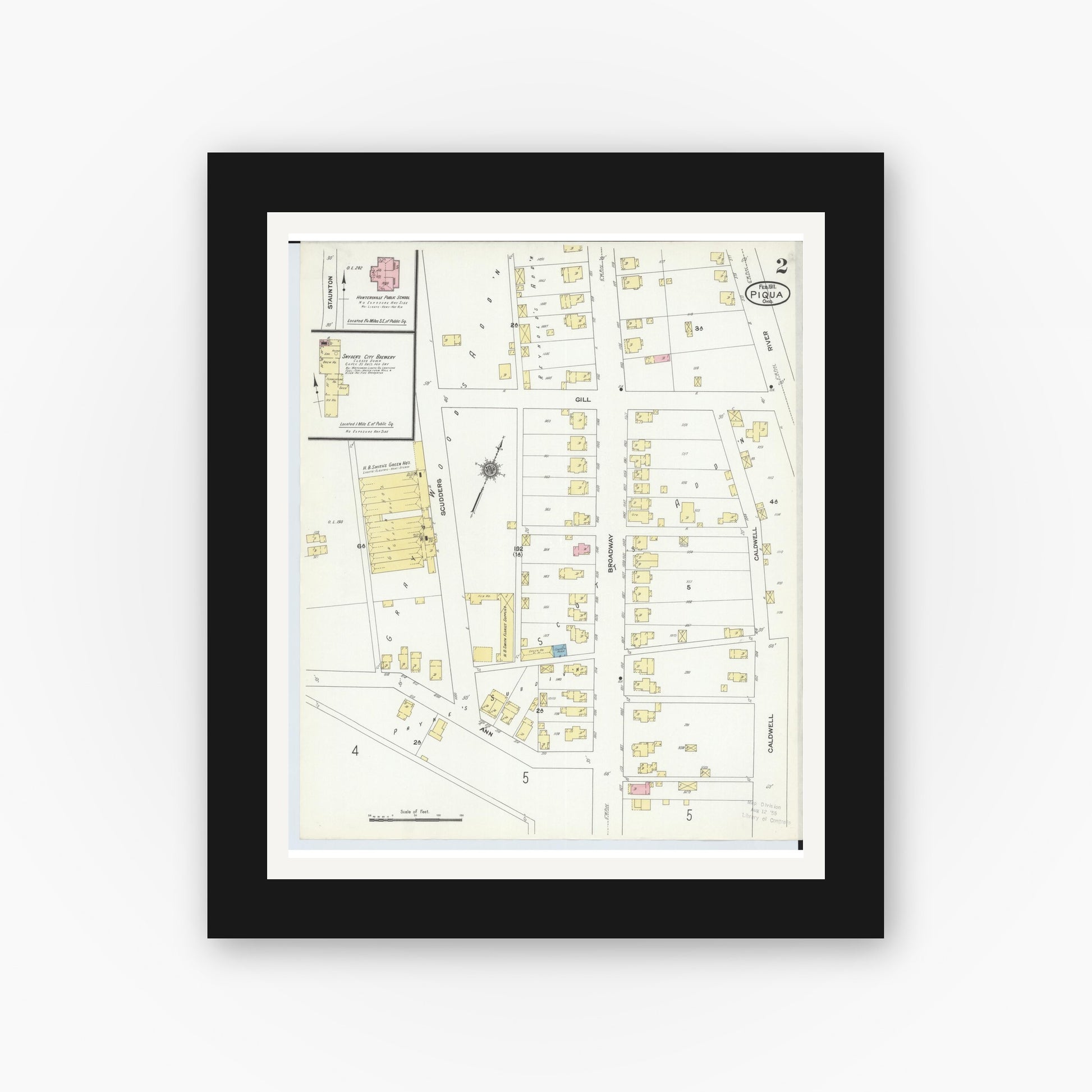 Old map wall art mockup — black gallery frame with white mat — Sanborn Fire Insurance Map from Piqua, Miami County, Ohio (1911), Sheet #0002