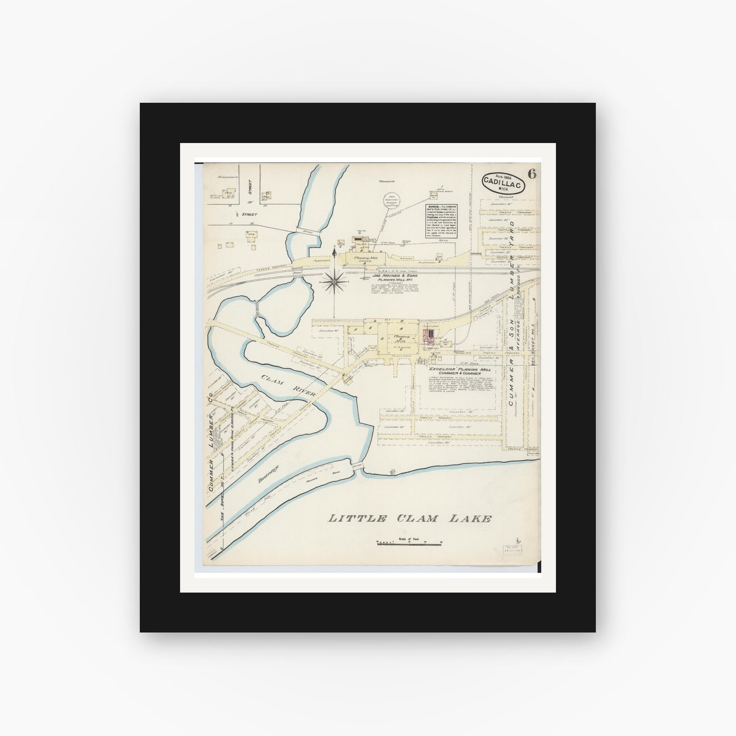 Old map wall art mockup — black gallery frame with white mat — Sanborn Fire Insurance Map from Cadillac, Wexford County, Michigan (1884), Sheet #0006