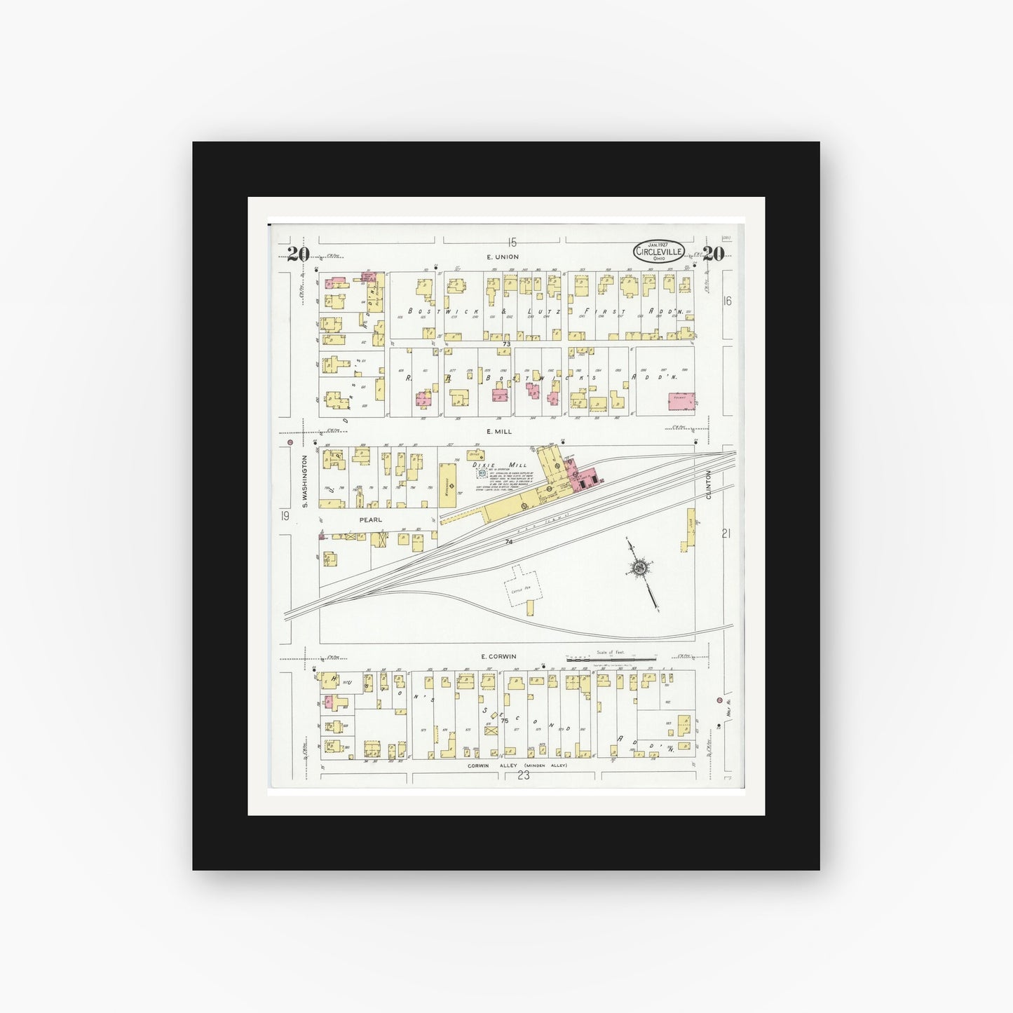 Old map wall art mockup — black gallery frame with white mat — Sanborn Fire Insurance Map from Circleville, Pickaway County, Ohio (1927), Sheet #0020