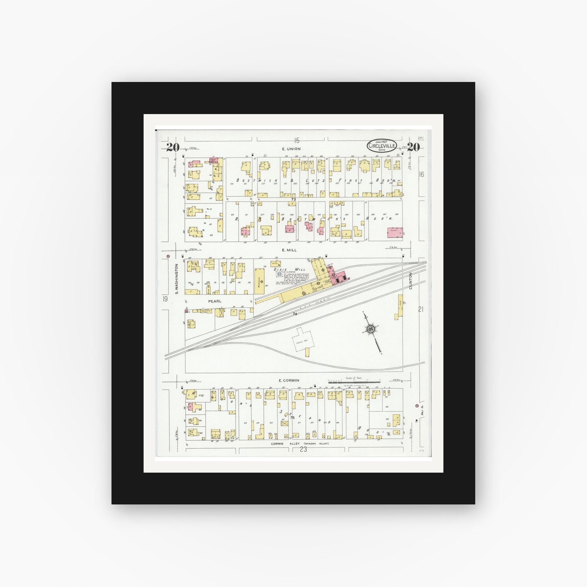 Old map wall art mockup — black gallery frame with white mat — Sanborn Fire Insurance Map from Circleville, Pickaway County, Ohio (1927), Sheet #0020