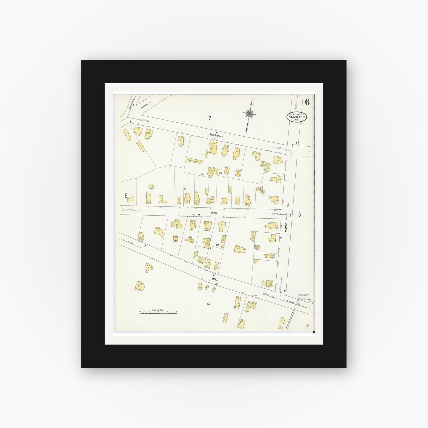 Old map wall art mockup — black gallery frame with white mat — Sanborn Fire Insurance Map from Hamilton, Madison County, New York (1911), Sheet #0006