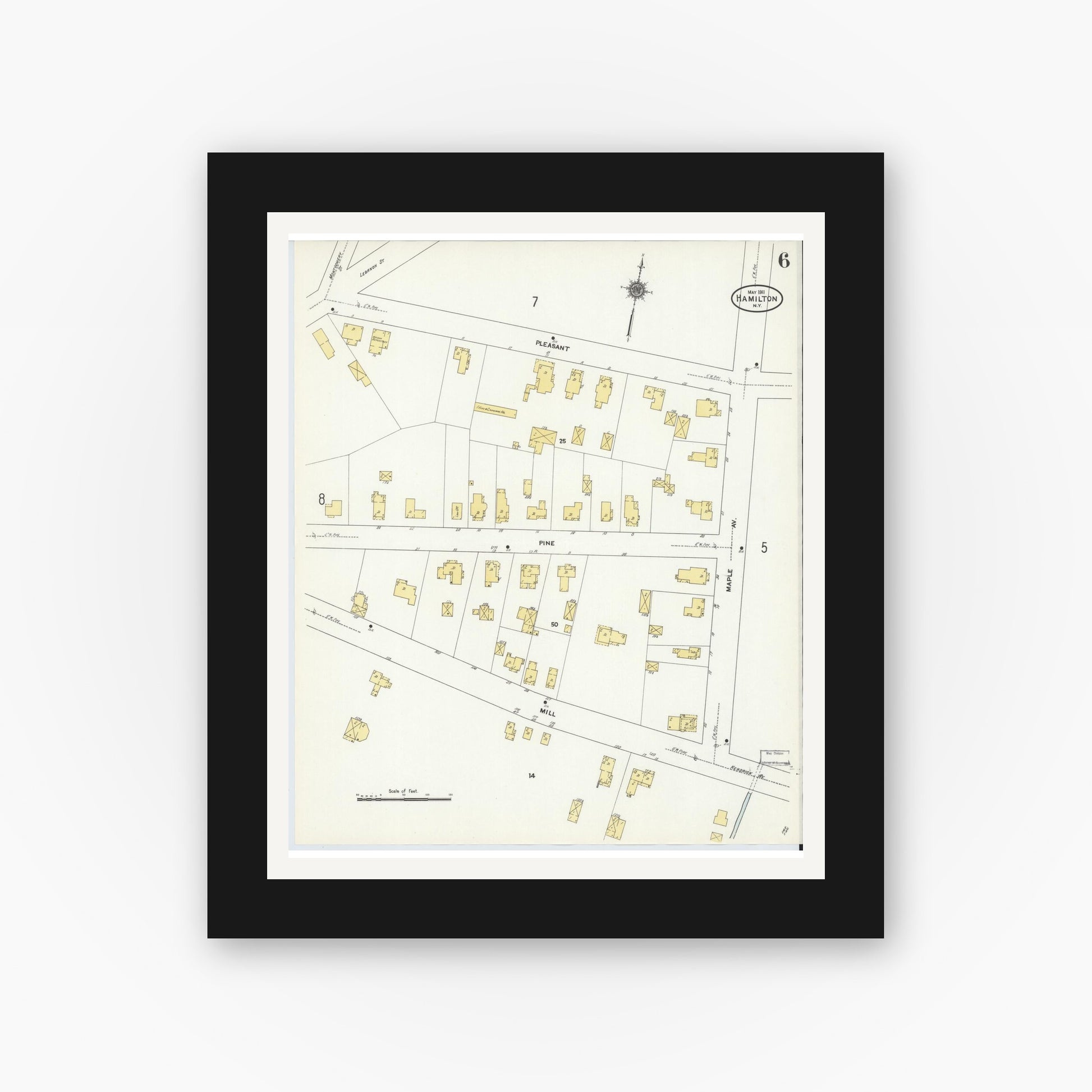 Old map wall art mockup — black gallery frame with white mat — Sanborn Fire Insurance Map from Hamilton, Madison County, New York (1911), Sheet #0006