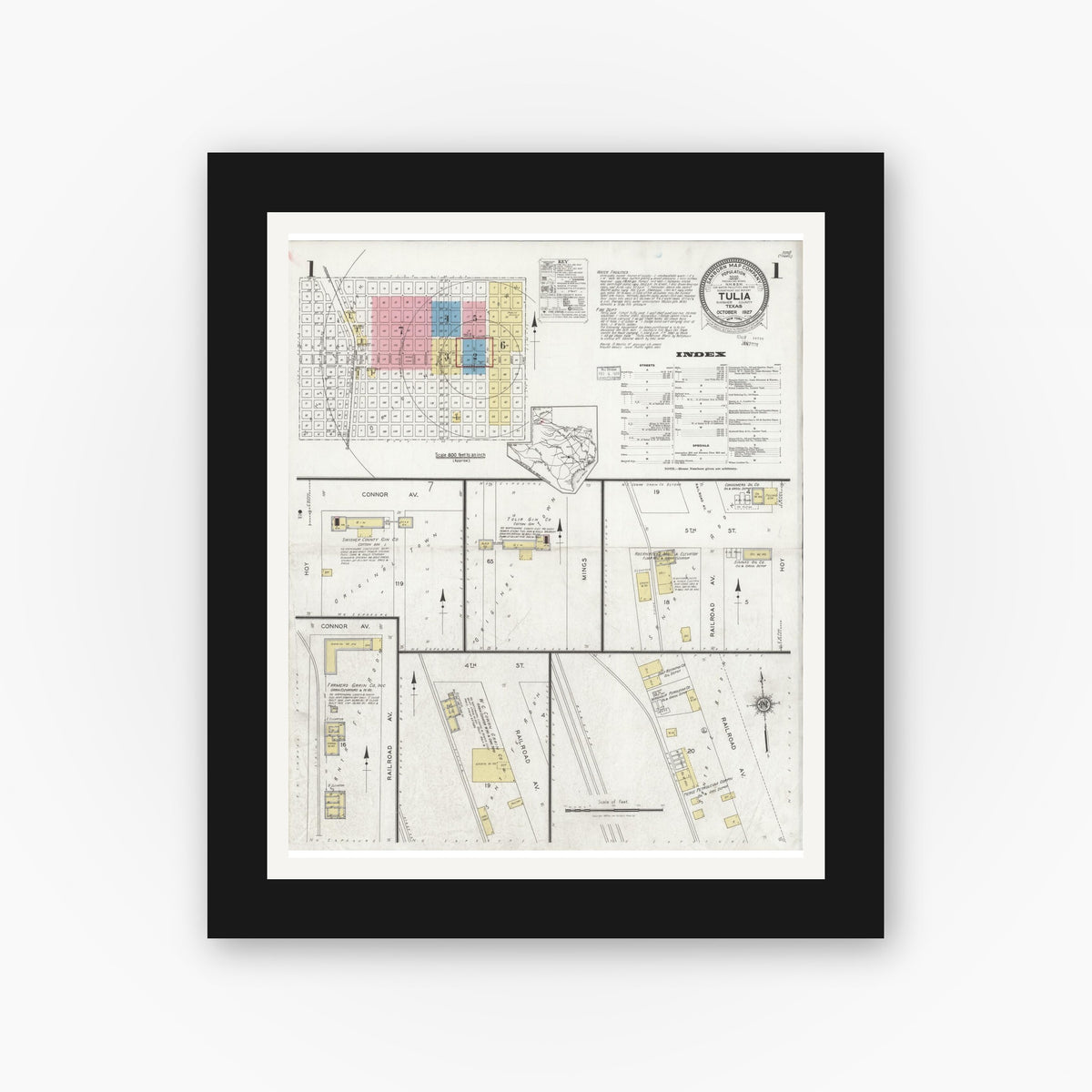 Old map wall art mockup — black gallery frame with white mat — Sanborn Fire Insurance Map from Tulia, Swisher County, Texas (1927) - Complete Map Set