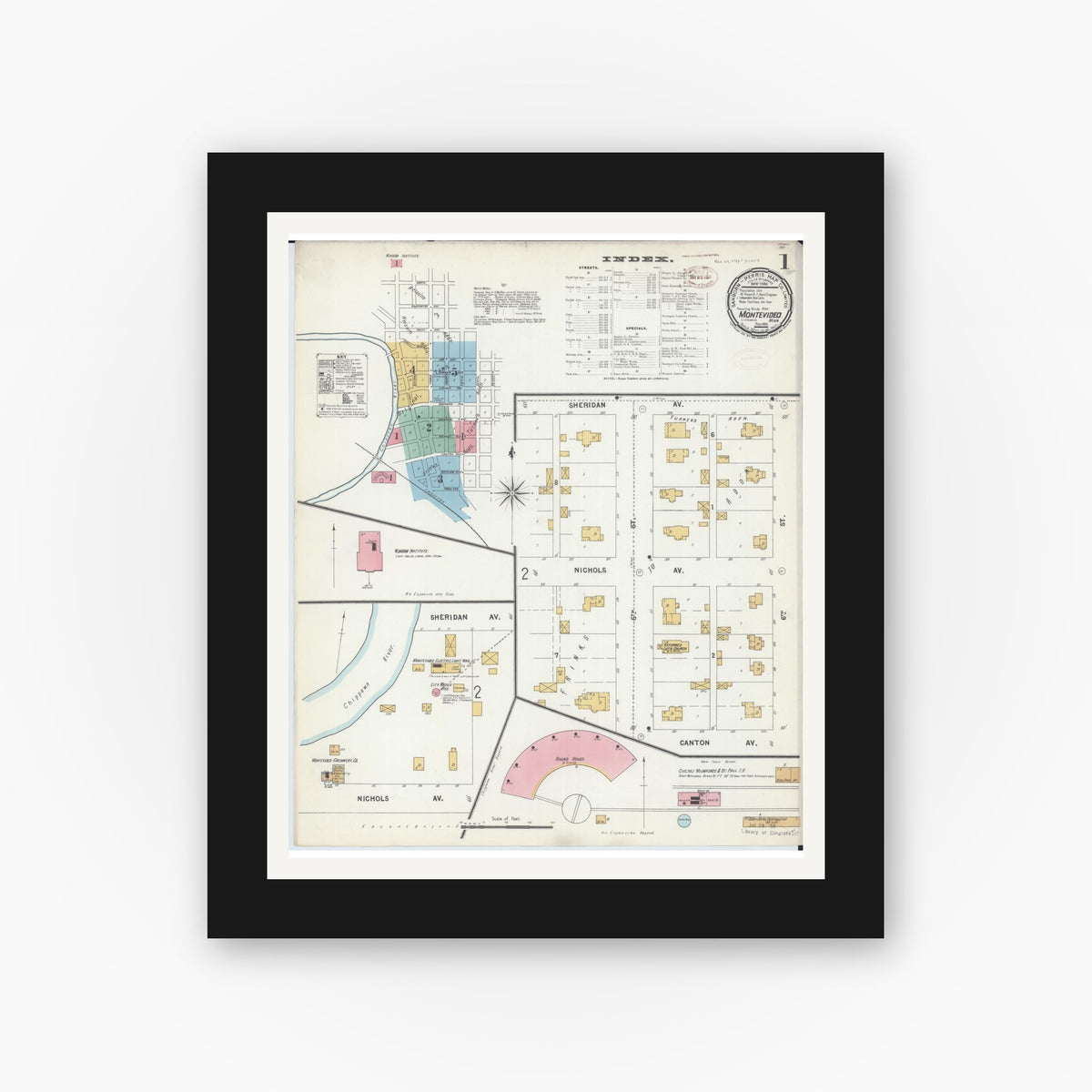 Old map wall art mockup — black gallery frame with white mat — Sanborn Fire Insurance Map from Montevideo, Chippewa County, Minnesota (1899), Sheet #0001