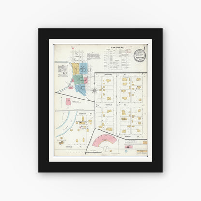Old map wall art mockup — black gallery frame with white mat — Sanborn Fire Insurance Map from Montevideo, Chippewa County, Minnesota (1899), Sheet #0001