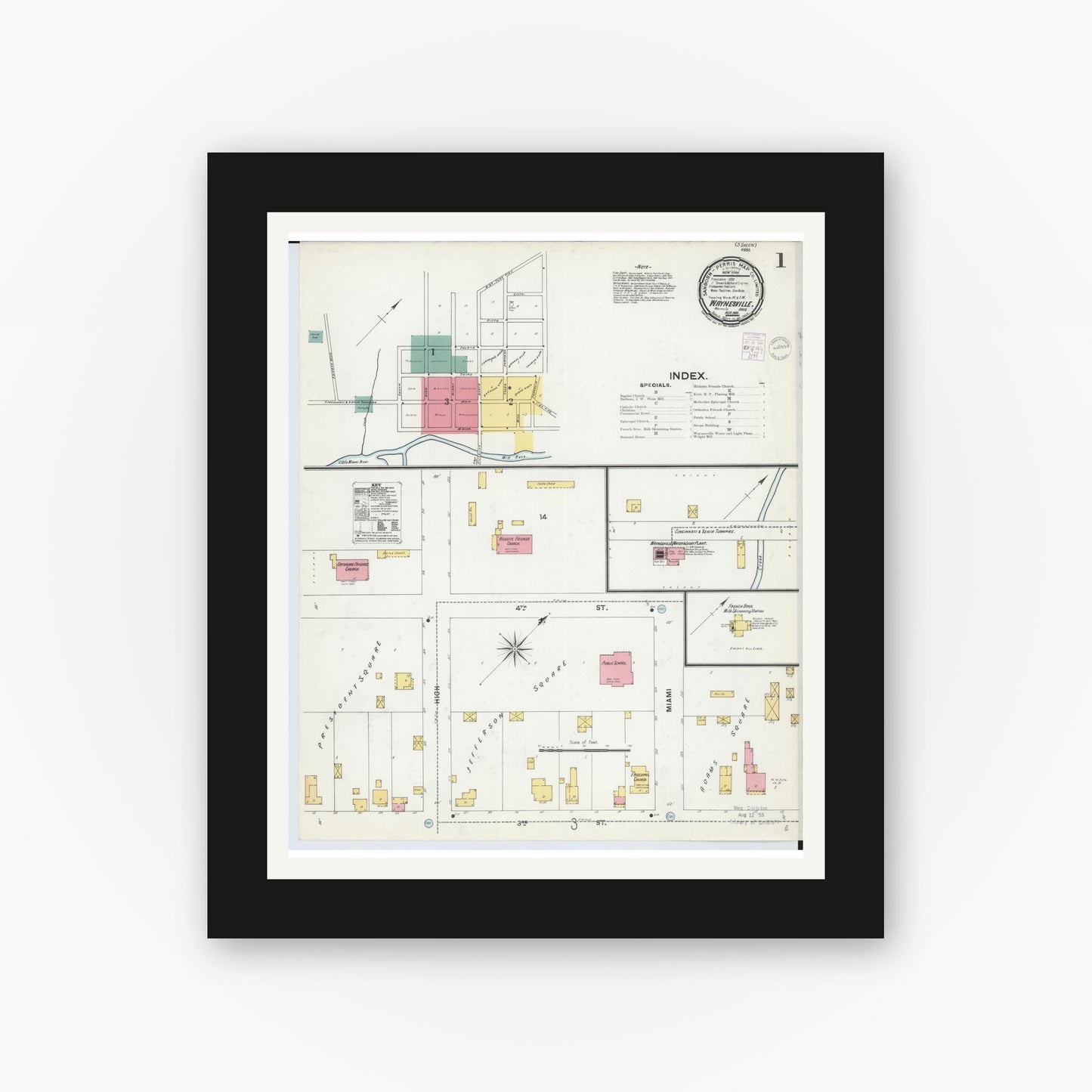 Old map wall art mockup — black gallery frame with white mat — Sanborn Fire Insurance Map from Waynesville, Warren County, Ohio (1901), Sheet #0001
