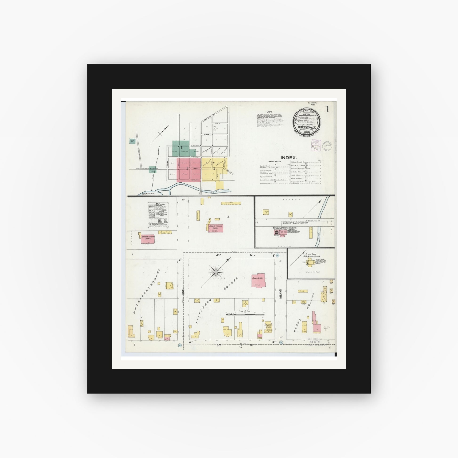 Old map wall art mockup — black gallery frame with white mat — Sanborn Fire Insurance Map from Waynesville, Warren County, Ohio (1901), Sheet #0001