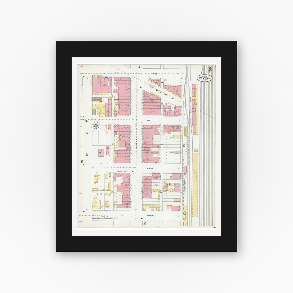 Old map wall art mockup — black gallery frame with white mat — Sanborn Fire Insurance Map from Texarkana, Bowie County, Texas (1900), Sheet #0003