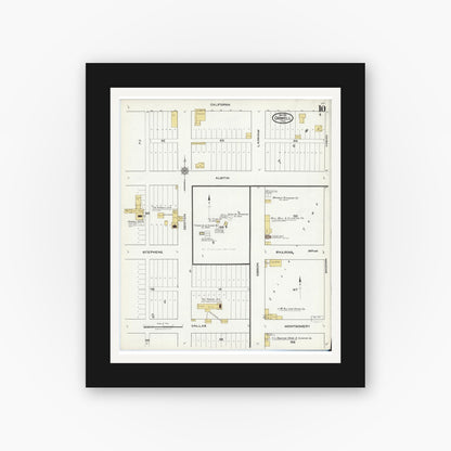 Old map wall art mockup — black gallery frame with white mat — Sanborn Fire Insurance Map from Crowell, Foard County, Texas (1921), Sheet #0010
