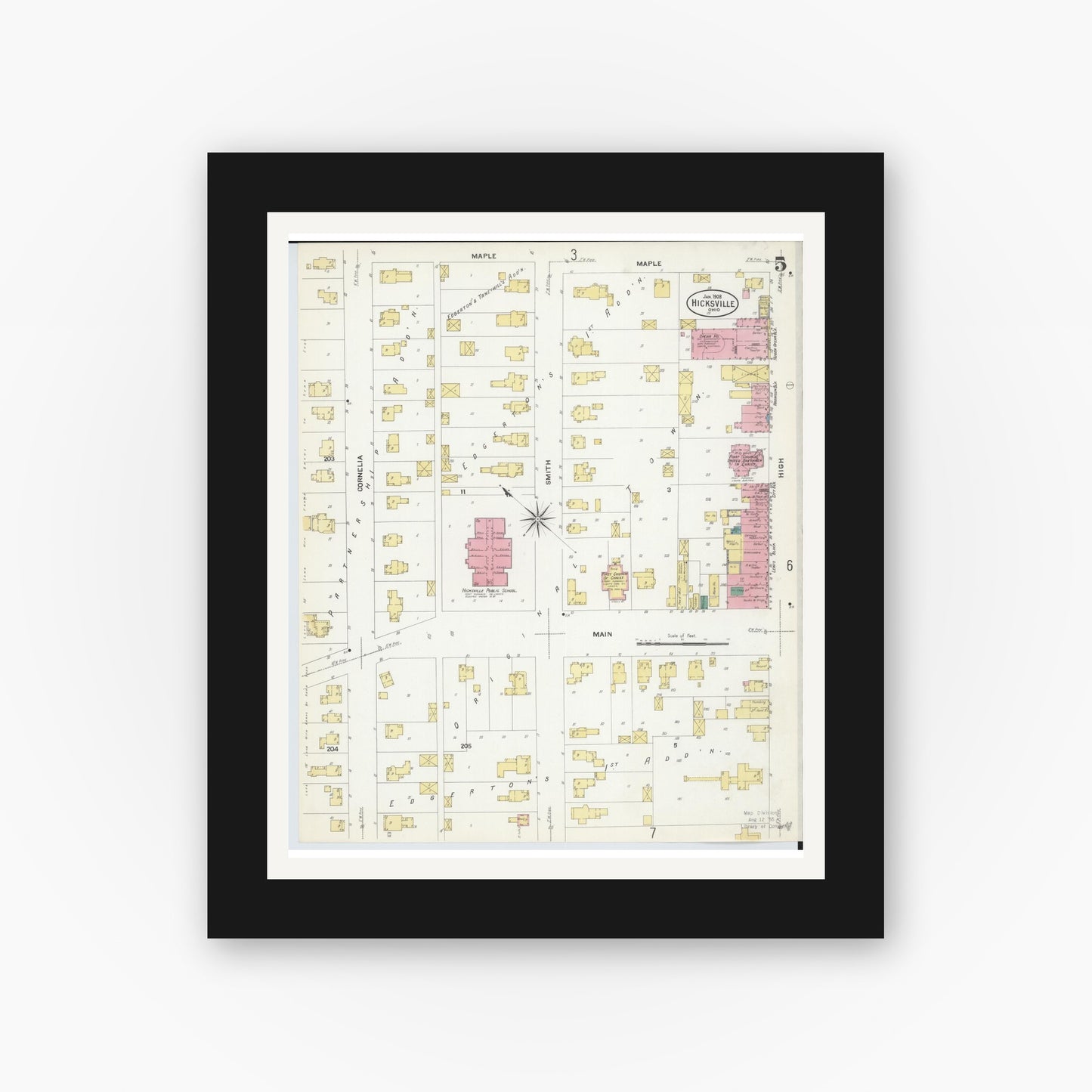 Old map wall art mockup — black gallery frame with white mat — Sanborn Fire Insurance Map from Hicksville, Defiance County, Ohio (1908), Sheet #0005