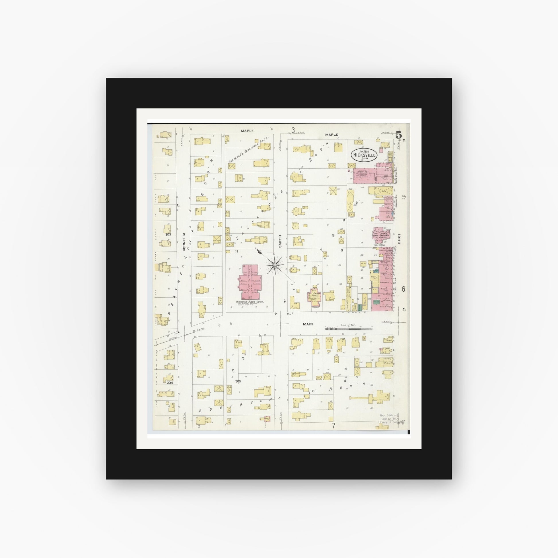 Old map wall art mockup — black gallery frame with white mat — Sanborn Fire Insurance Map from Hicksville, Defiance County, Ohio (1908), Sheet #0005