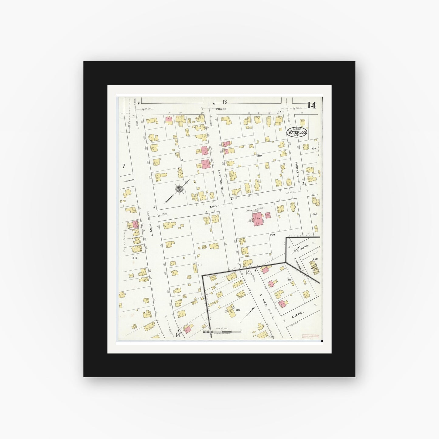 Old map wall art mockup — black gallery frame with white mat — Sanborn Fire Insurance Map from Waterloo, Seneca County, New York (1918), Sheet #0014