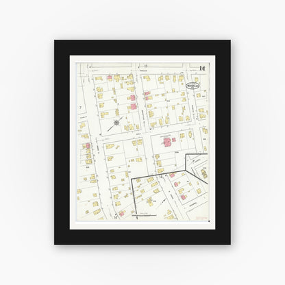 Old map wall art mockup — black gallery frame with white mat — Sanborn Fire Insurance Map from Waterloo, Seneca County, New York (1918), Sheet #0014