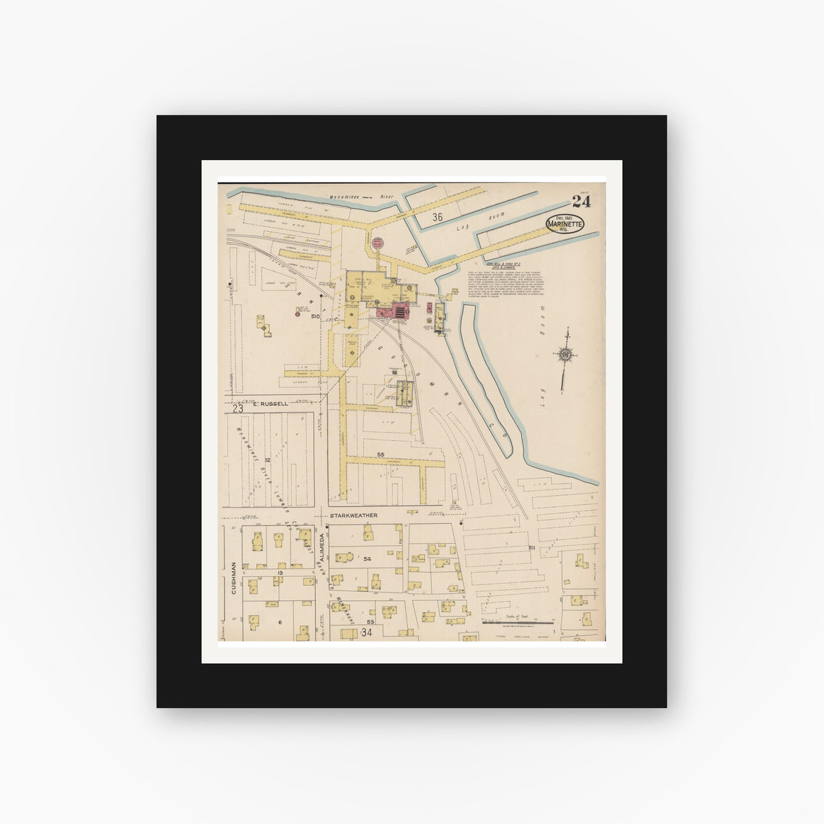 Old map wall art mockup — black gallery frame with white mat — Sanborn Fire Insurance Map from Marinette, Marinette County, Wisconsin (1921), Sheet #0024