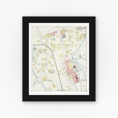 Old map wall art mockup — black gallery frame with white mat — Sanborn Fire Insurance Map from Ticonderoga, Essex County, New York (1895), Sheet #0002