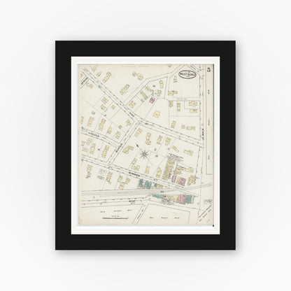 Old map wall art mockup — black gallery frame with white mat — Sanborn Fire Insurance Map from Westboro, Worcester County, Massachusetts (1888), Sheet #0005