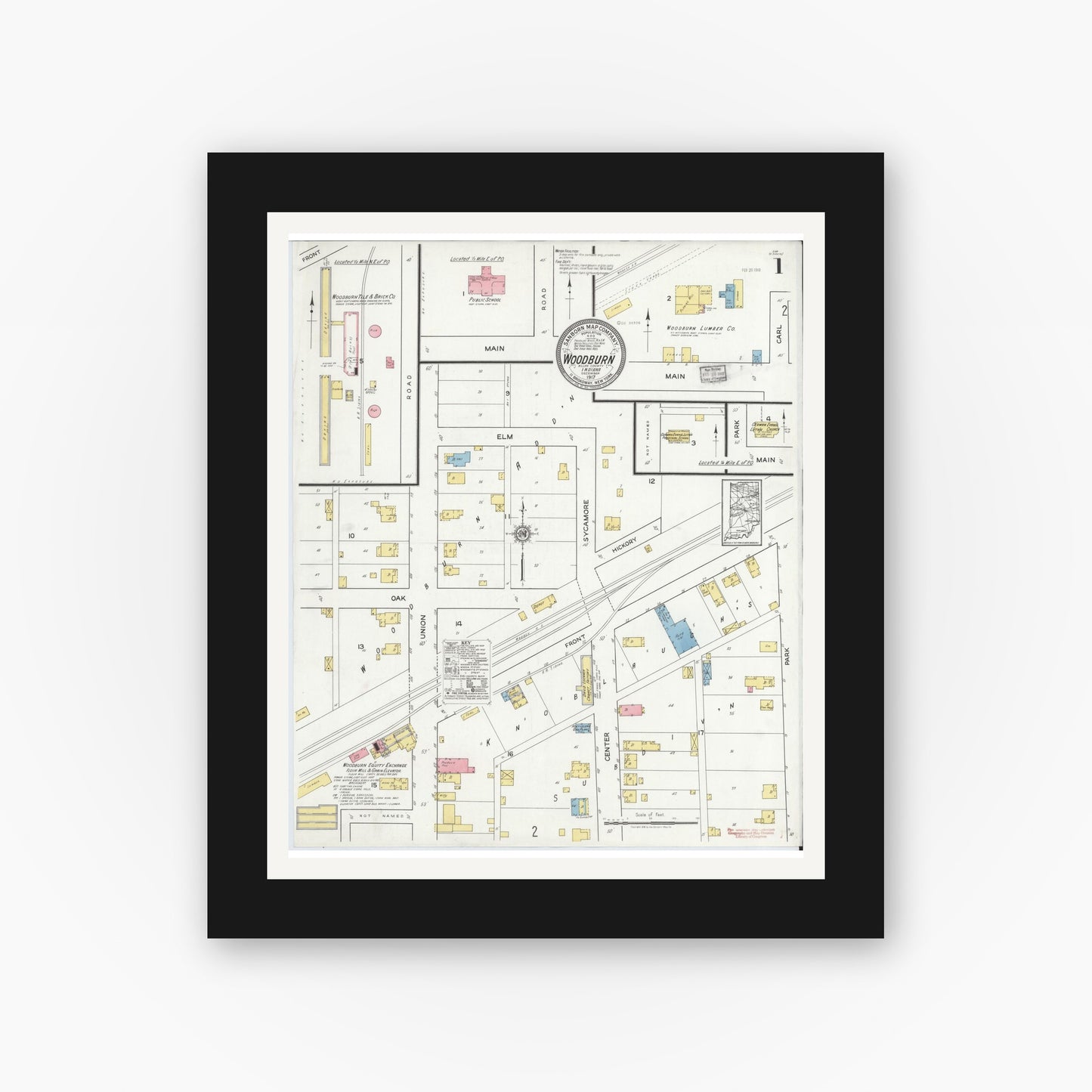 Old map wall art mockup — black gallery frame with white mat — Sanborn Fire Insurance Map from Woodburn, Allen County, Indiana (1917) - Complete Map Set