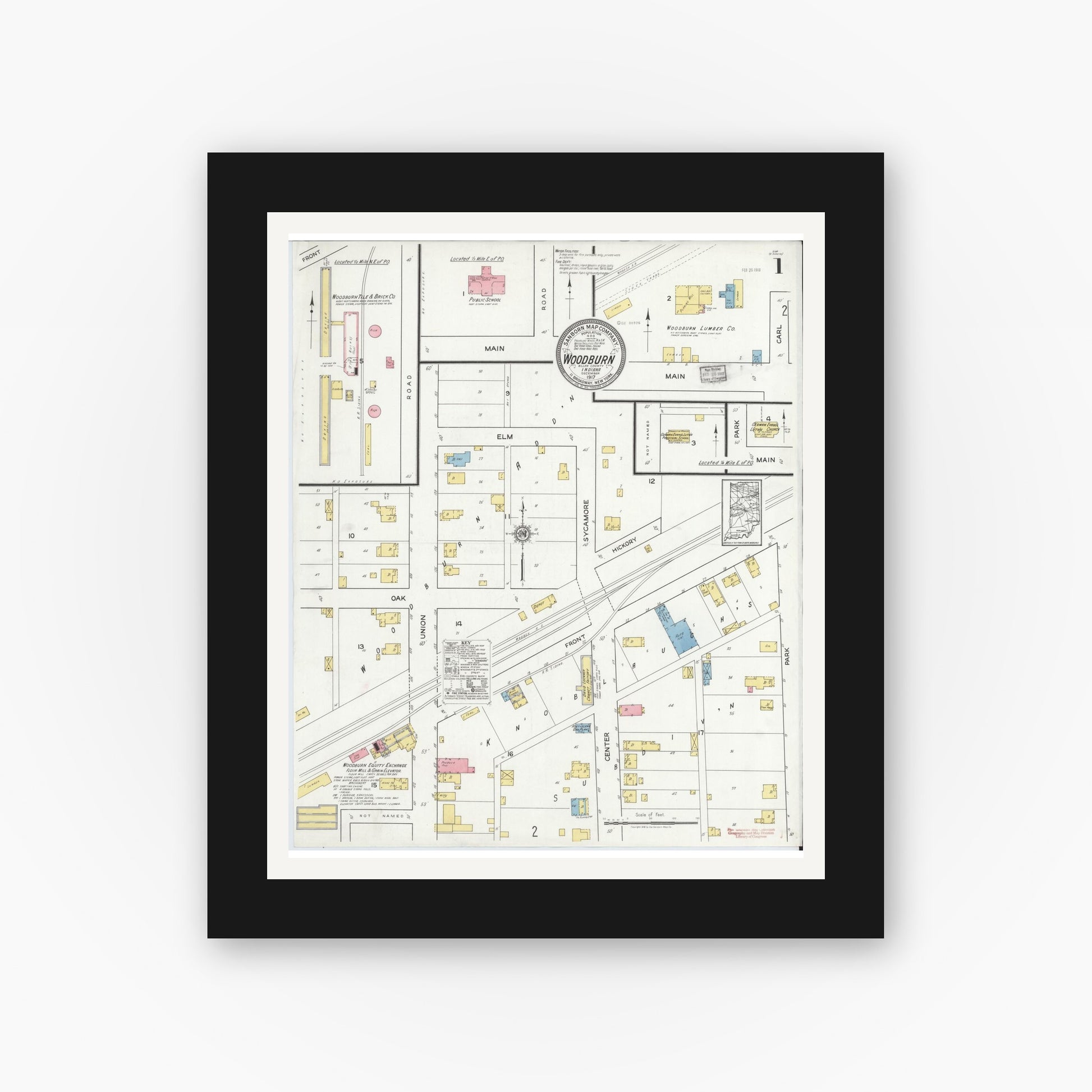 Old map wall art mockup — black gallery frame with white mat — Sanborn Fire Insurance Map from Woodburn, Allen County, Indiana (1917) - Complete Map Set