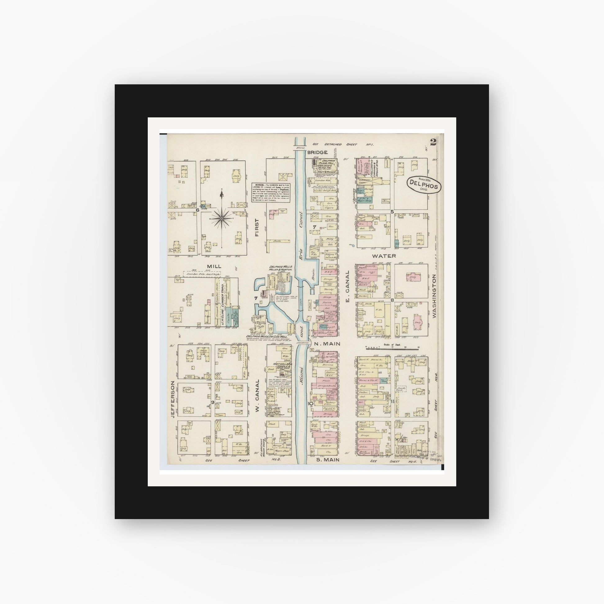Old map wall art mockup — black gallery frame with white mat — Sanborn Fire Insurance Map from Delphos, Van Wert And Allen Counties, Ohio (1884), Sheet #0002
