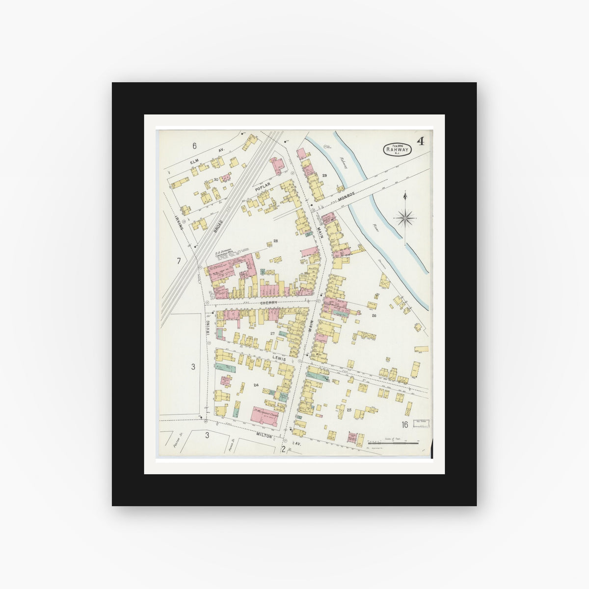 Old map wall art mockup — black gallery frame with white mat — Sanborn Fire Insurance Map from Rahway, Union County, New Jersey (1896), Sheet #0004