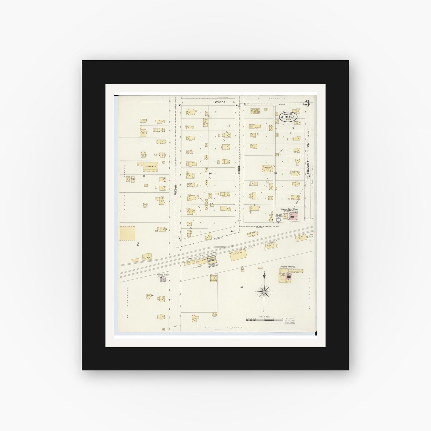 Old map wall art mockup — black gallery frame with white mat — Sanborn Fire Insurance Map from Armada, Macomb County, Michigan (1907), Sheet #0003