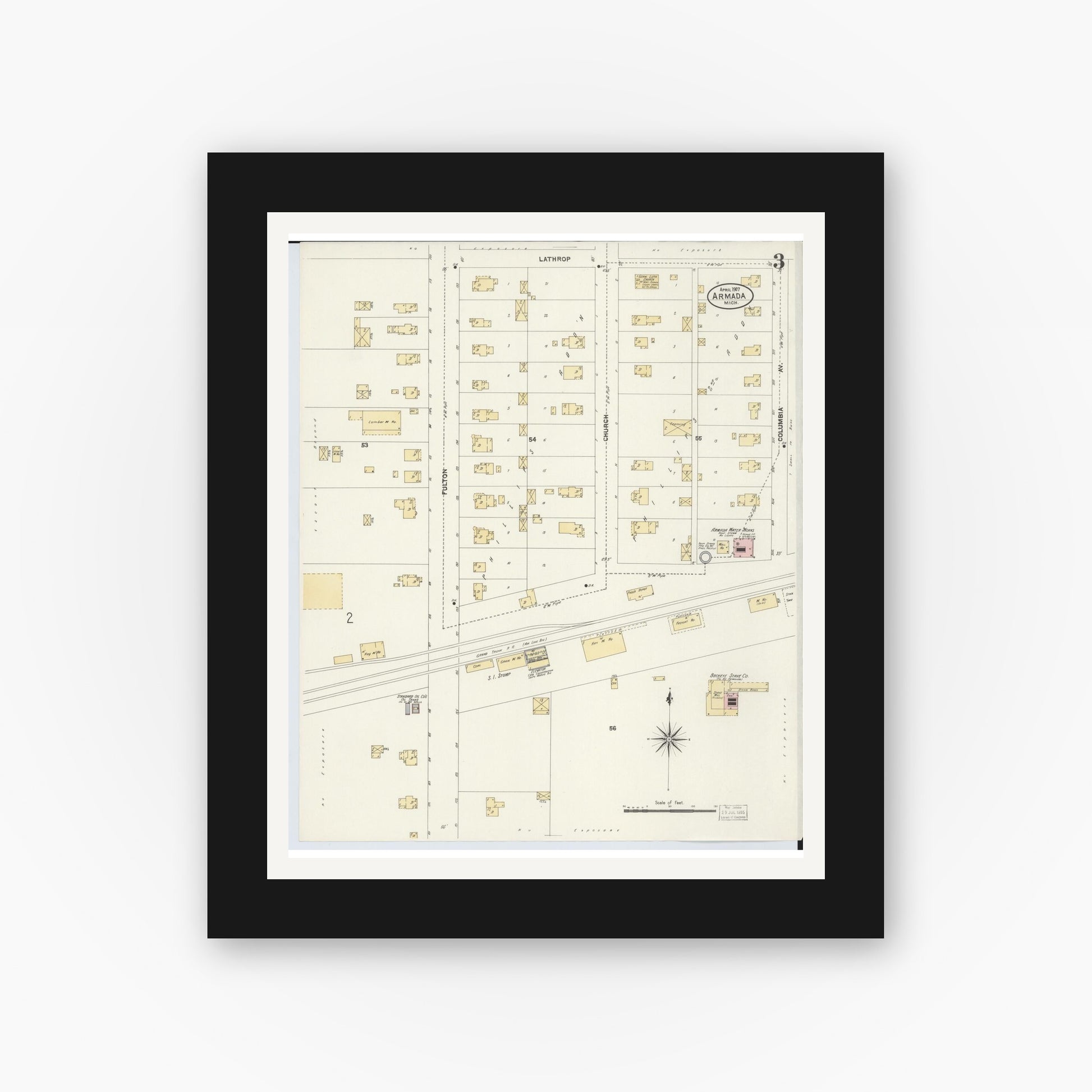 Old map wall art mockup — black gallery frame with white mat — Sanborn Fire Insurance Map from Armada, Macomb County, Michigan (1907), Sheet #0003