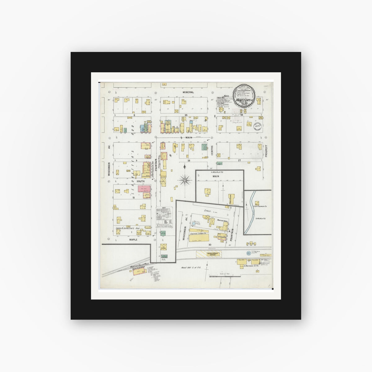 Old map wall art mockup — black gallery frame with white mat — Sanborn Fire Insurance Map from Montfort, Grant County, Wisconsin (1899), Sheet #0001