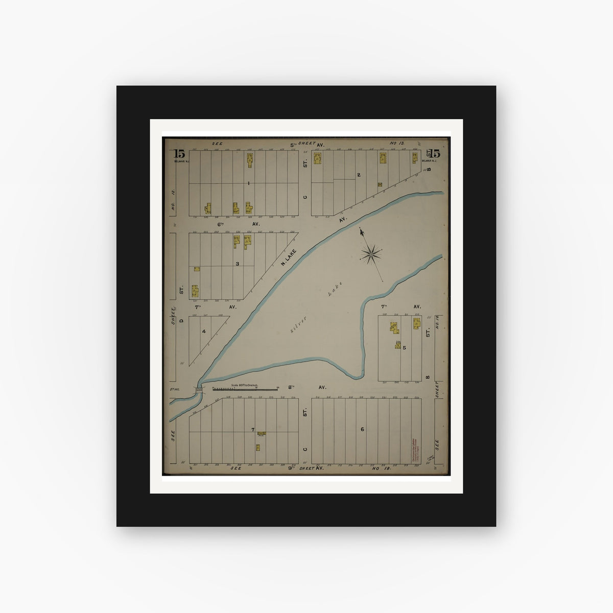 Old map wall art mockup — black gallery frame with white mat — Sanborn Fire Insurance Map from New Jersey Coast, New Jersey Coast, New Jersey (1890), Sheet #0015