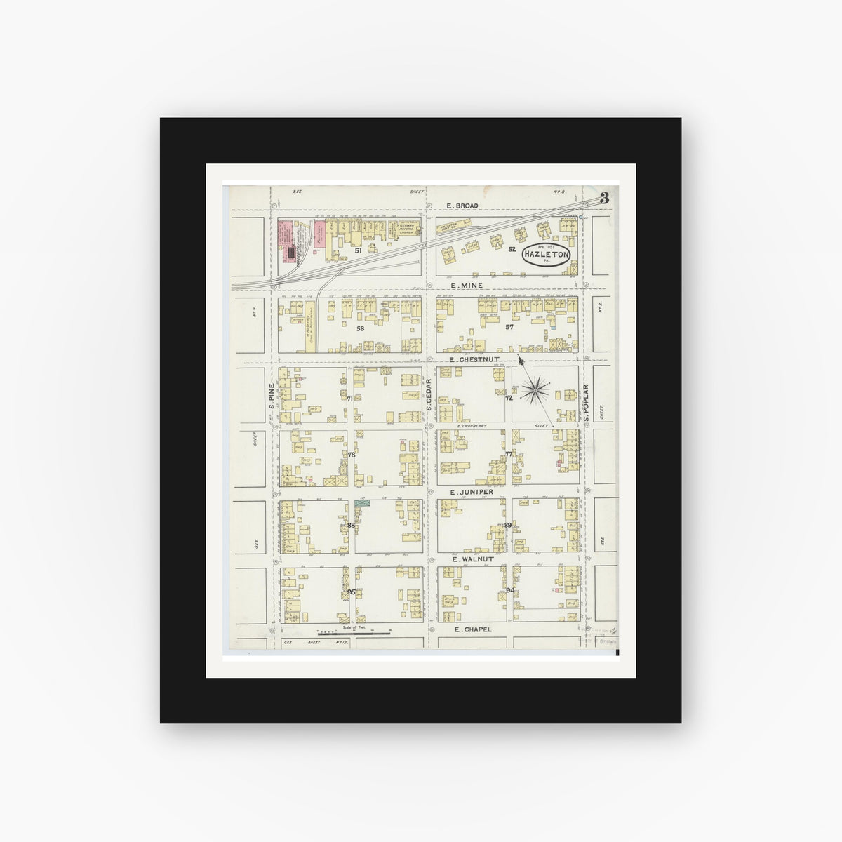 Old map wall art mockup — black gallery frame with white mat — Sanborn Fire Insurance Map from Hazleton, Luzerne County, Pennsylvania (1891), Sheet #0003