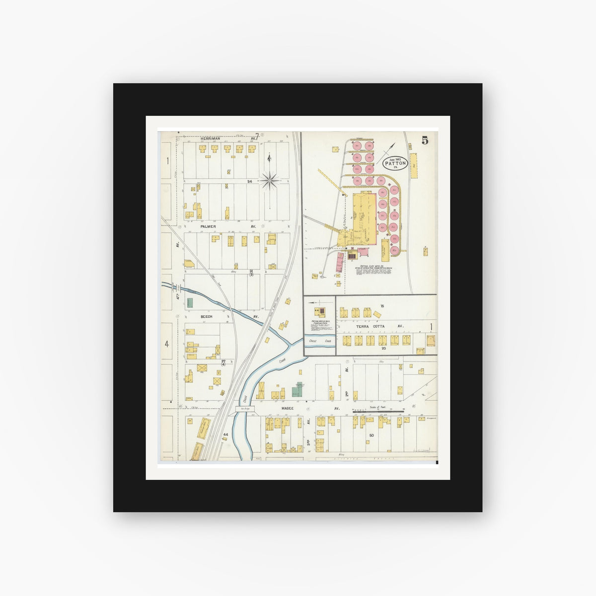 Old map wall art mockup — black gallery frame with white mat — Sanborn Fire Insurance Map from Patton, Cambria County, Pennsylvania (1903), Sheet #0005