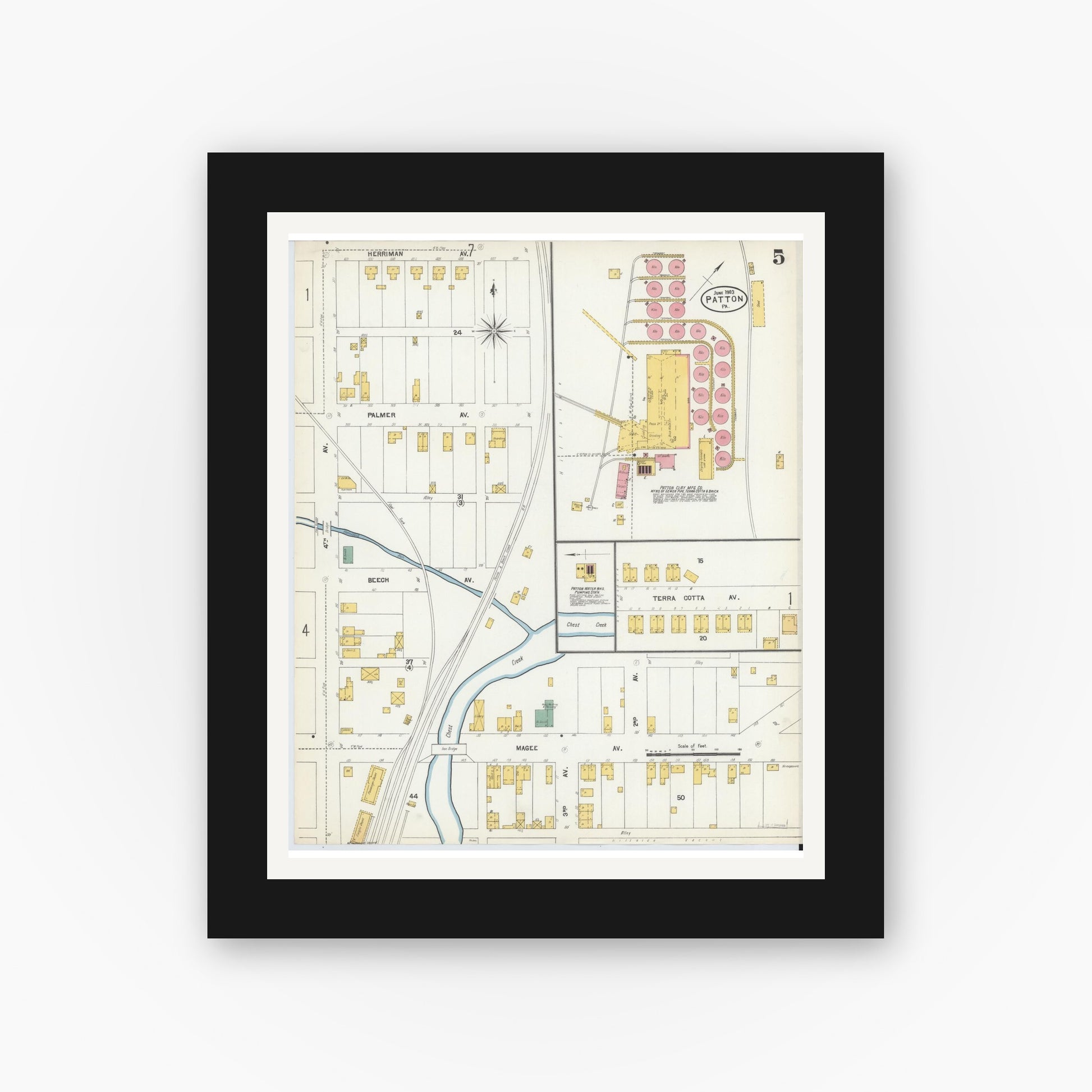 Old map wall art mockup — black gallery frame with white mat — Sanborn Fire Insurance Map from Patton, Cambria County, Pennsylvania (1903), Sheet #0005