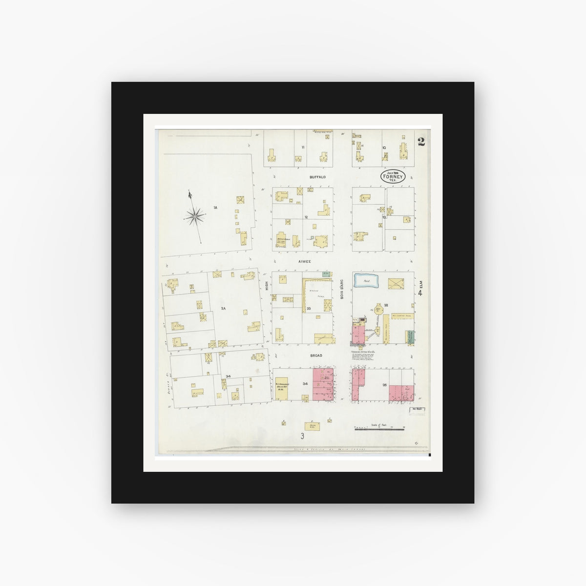 Old map wall art mockup — black gallery frame with white mat — Sanborn Fire Insurance Map from Forney, Kaufman County, Texas (1906), Sheet #0002