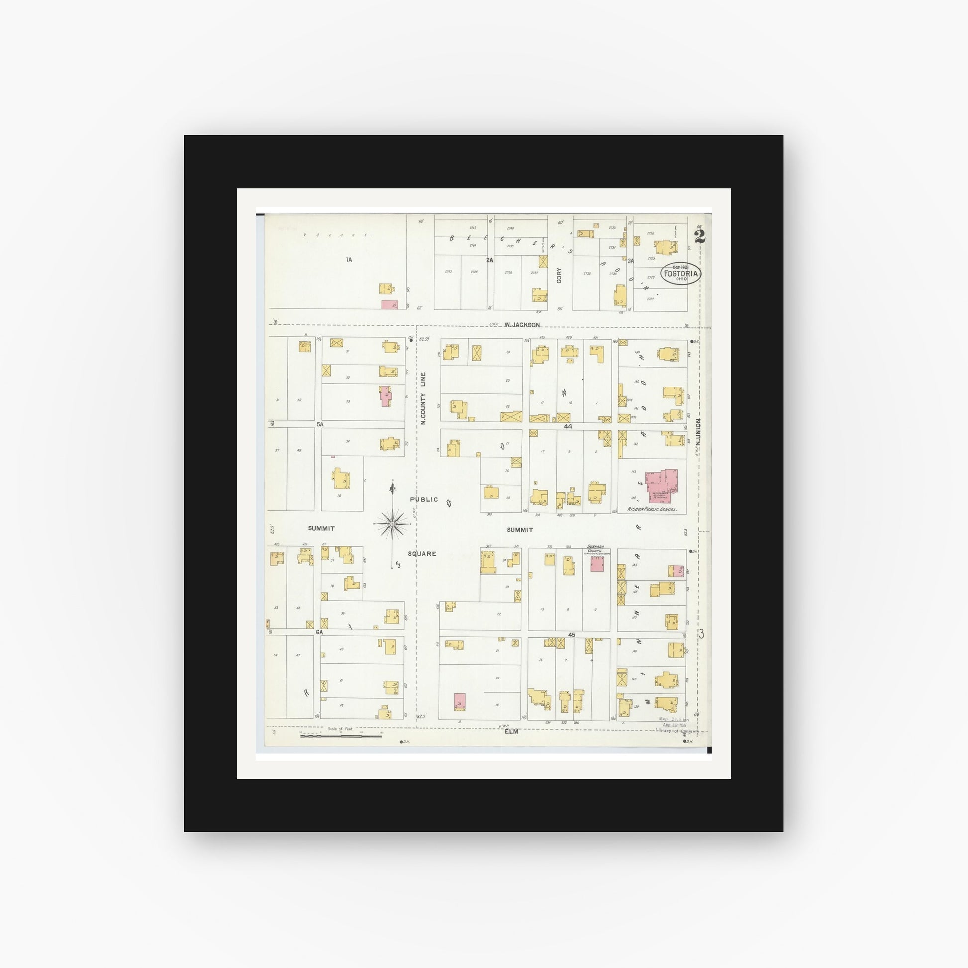 Old map wall art mockup — black gallery frame with white mat — Sanborn Fire Insurance Map from Fostoria, Seneca, Hancock, And Wood Counties, Ohio (1901), Sheet #0002