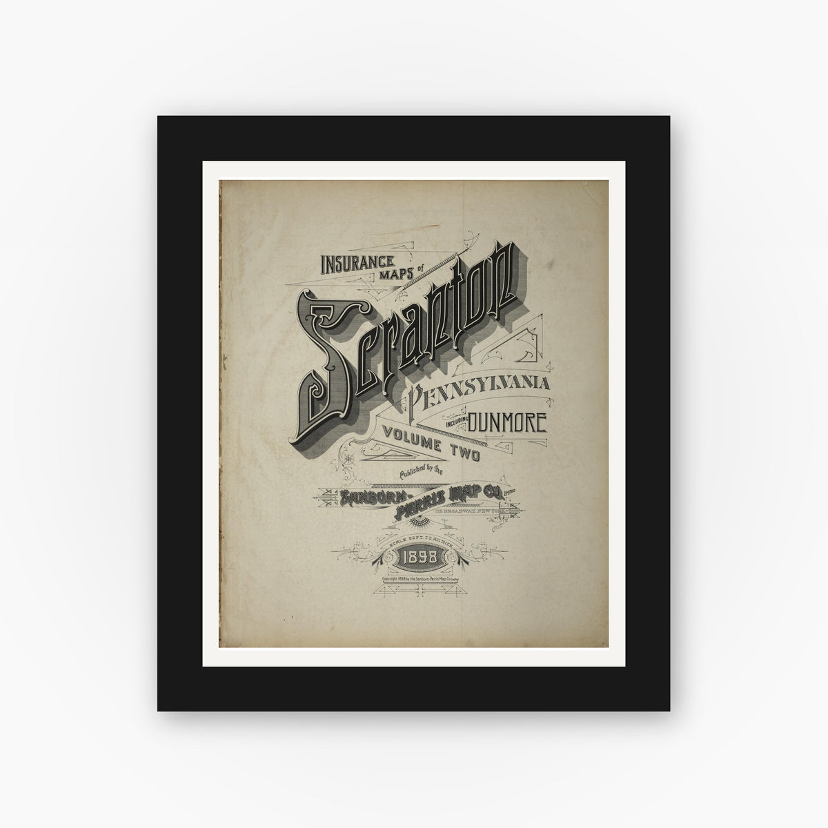 Old map wall art mockup — black gallery frame with white mat — Sanborn Fire Insurance Map from Scranton, Lackawanna County, Pennsylvania (1898), Sheet #0001