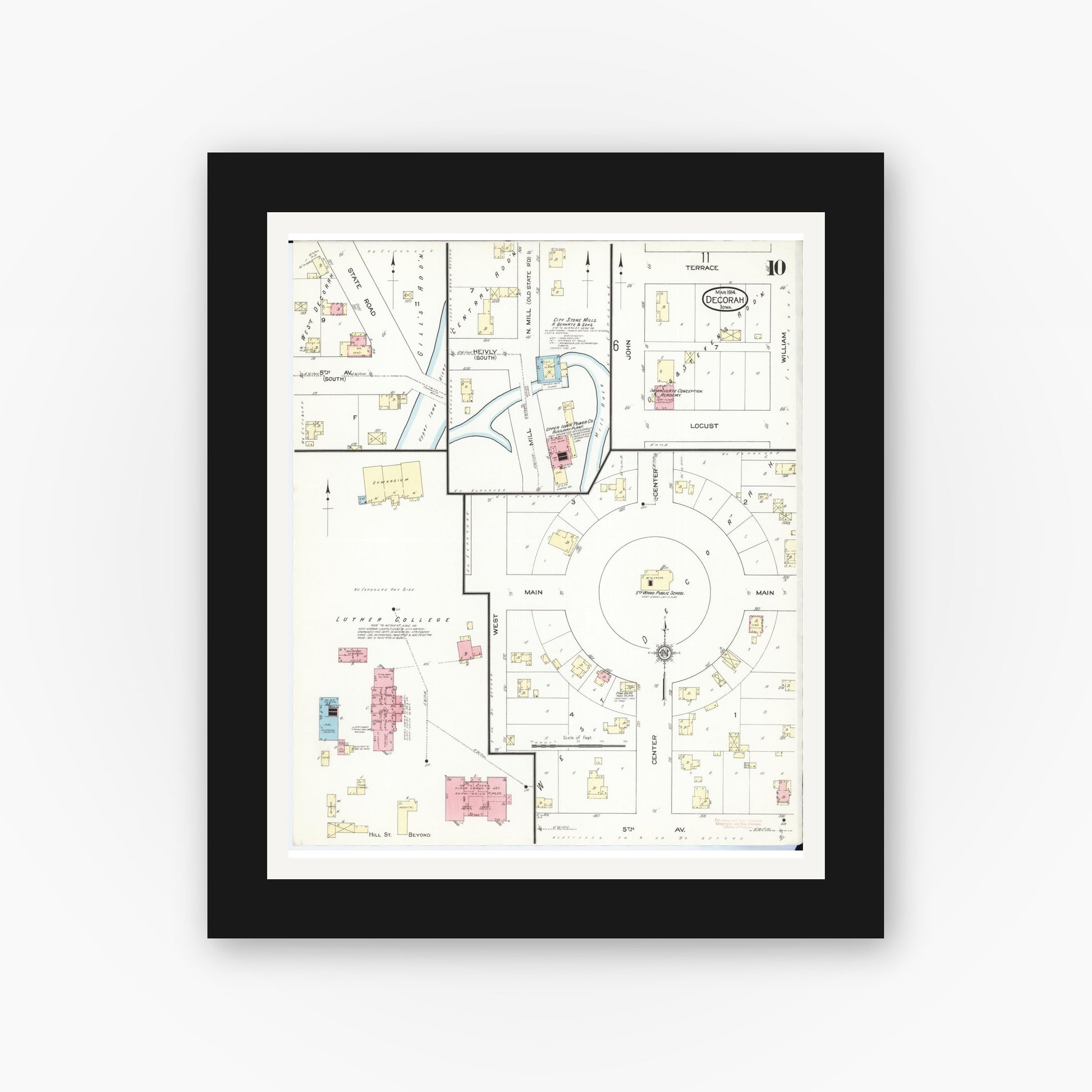 Old map wall art mockup — black gallery frame with white mat — Sanborn Fire Insurance Map from Decorah, Winneshiek County, Iowa (1914), Sheet #0010