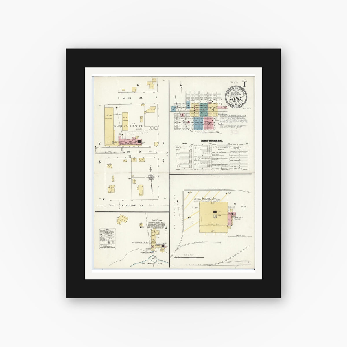 Old map wall art mockup — black gallery frame with white mat — Sanborn Fire Insurance Map from Luling, Caldwell County, Texas (1912) - Complete Map Set