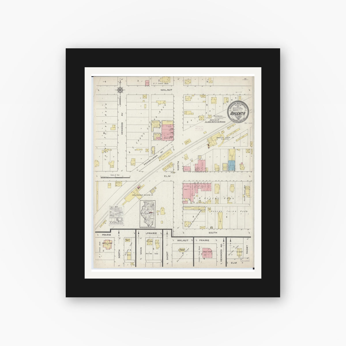 Old map wall art mockup — black gallery frame with white mat — Sanborn Fire Insurance Map from Argenta, Macon County, Illinois (1915), Sheet #0001
