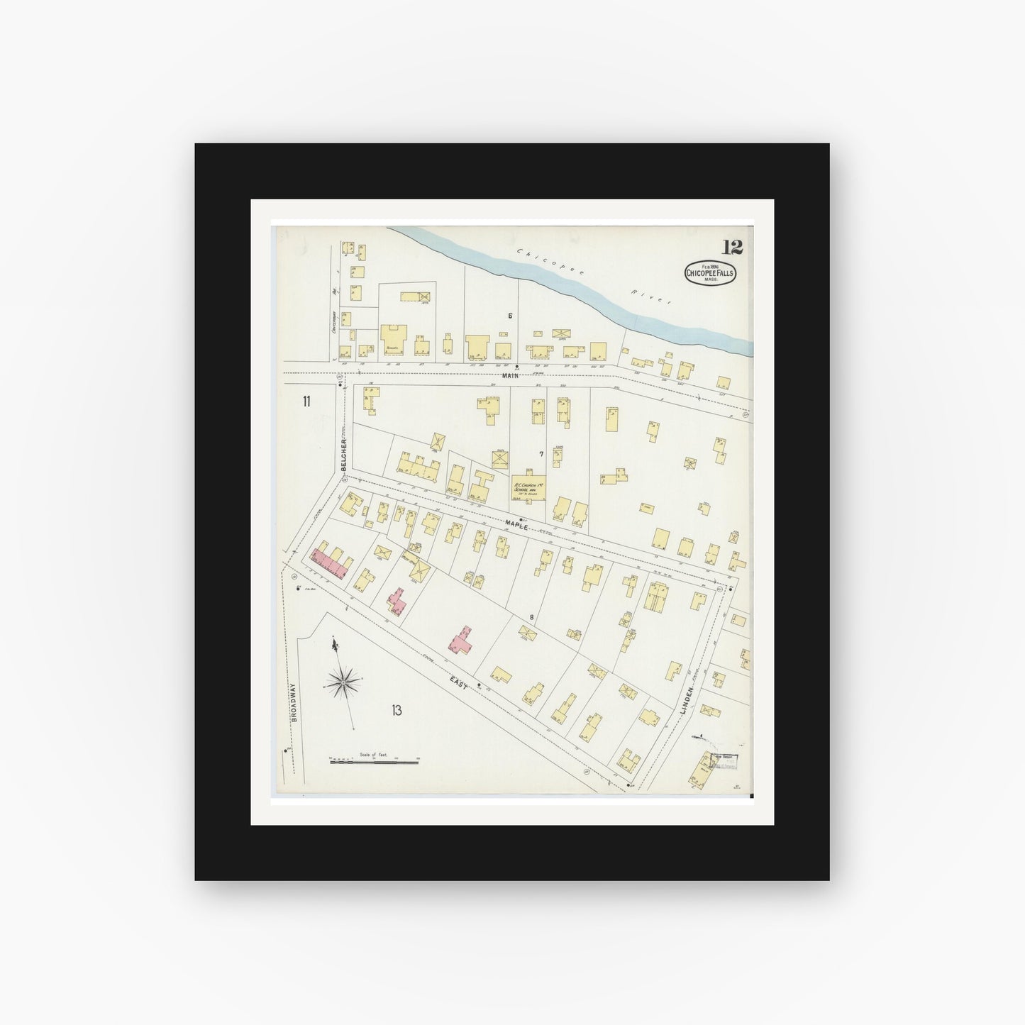 Old map wall art mockup — black gallery frame with white mat — Sanborn Fire Insurance Map from Chicopee, Hampden County, Massachusetts (1896), Sheet #0012