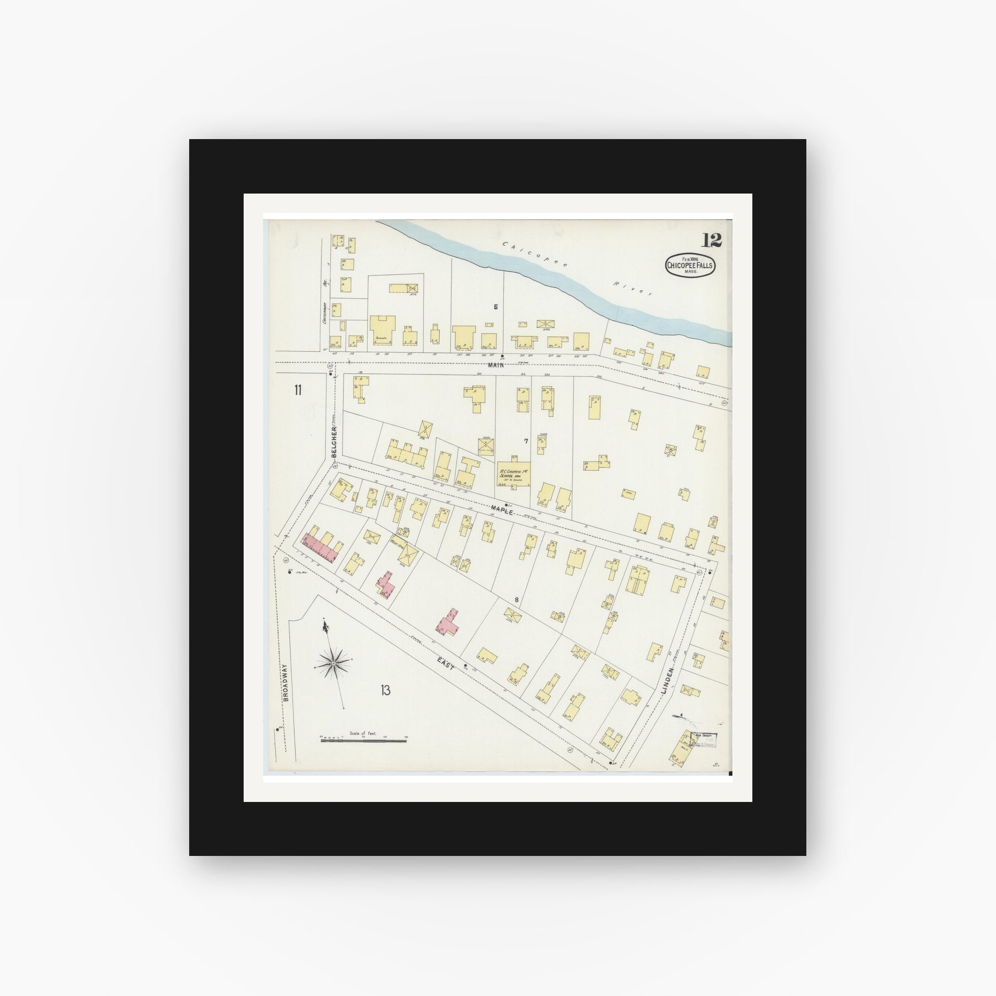 Old map wall art mockup — black gallery frame with white mat — Sanborn Fire Insurance Map from Chicopee, Hampden County, Massachusetts (1896), Sheet #0012