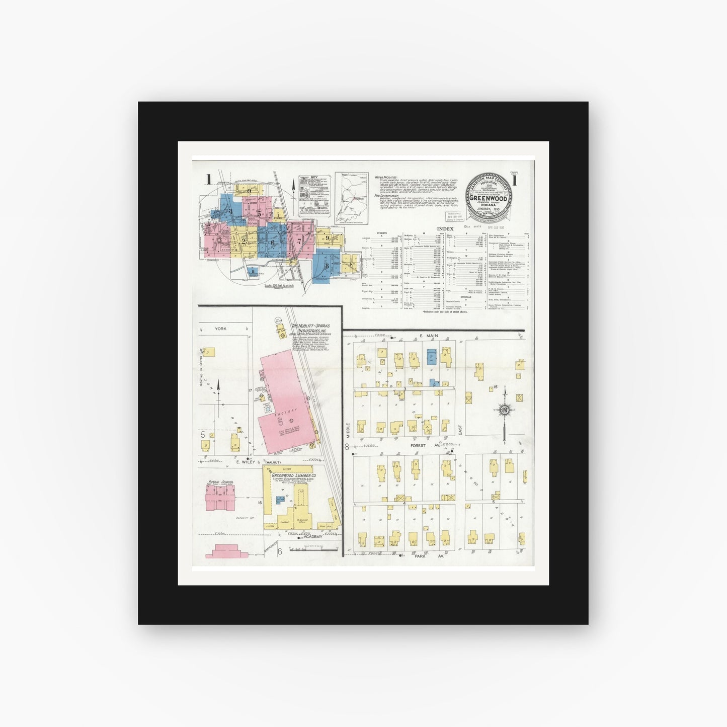 Old map wall art mockup — black gallery frame with white mat — Sanborn Fire Insurance Map from Greenwood, Johnson County, Indiana (1930) - Complete Map Set