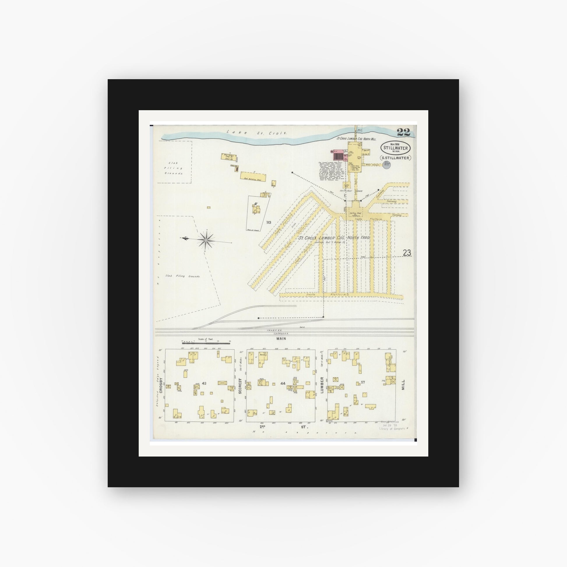 Old map wall art mockup — black gallery frame with white mat — Sanborn Fire Insurance Map from Stillwater, Washington County, Minnesota (1898), Sheet #0022