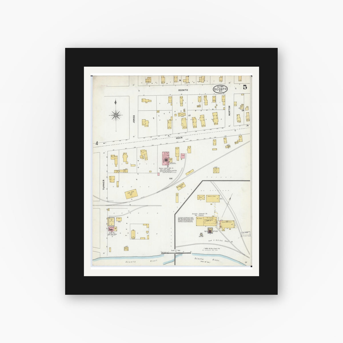 Old map wall art mockup — black gallery frame with white mat — Sanborn Fire Insurance Map from Oconto, Oconto County, Wisconsin (1904), Sheet #0005