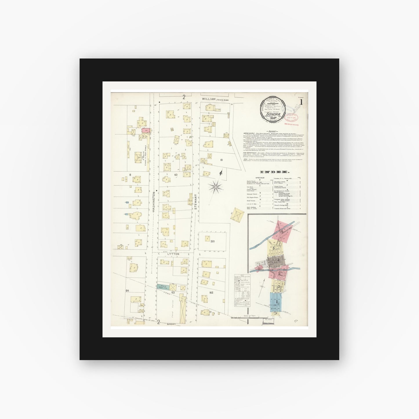 Old map wall art mockup — black gallery frame with white mat — Sanborn Fire Insurance Map from Sonora, Tuolumne County, California (1898) - Complete Map Set