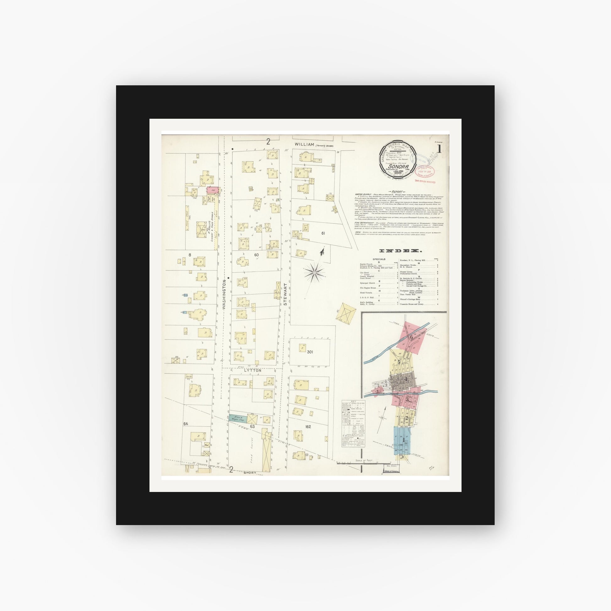 Old map wall art mockup — black gallery frame with white mat — Sanborn Fire Insurance Map from Sonora, Tuolumne County, California (1898) - Complete Map Set