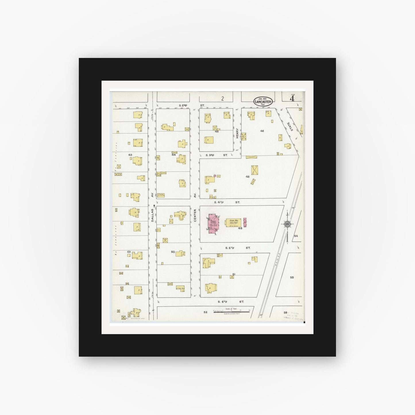 Old map wall art mockup — black gallery frame with white mat — Sanborn Fire Insurance Map from Lancaster, Dallas County, Texas (1921), Sheet #0004