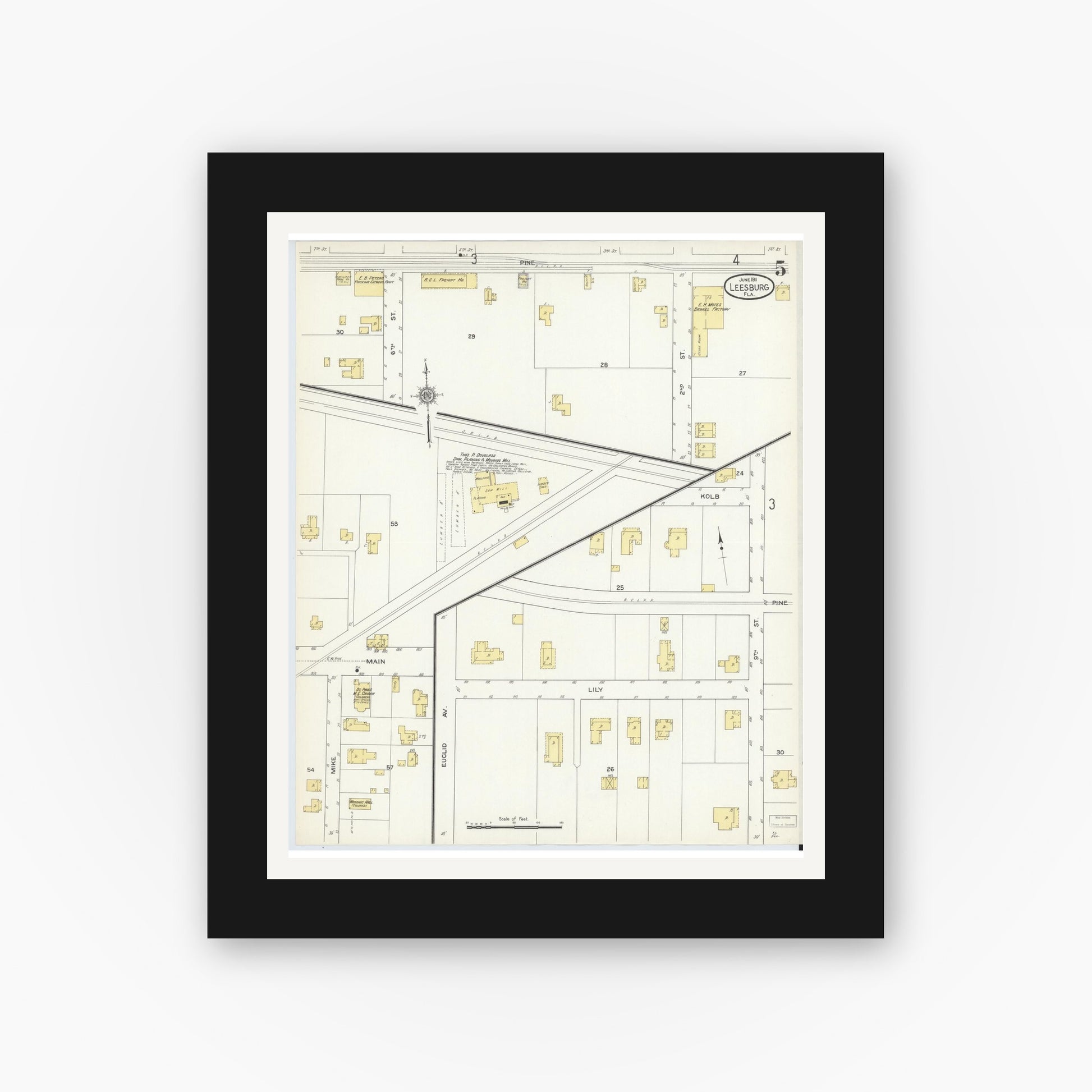 Old map wall art mockup — black gallery frame with white mat — Sanborn Fire Insurance Map from Leesburg, Lake County, Florida (1911), Sheet #0005