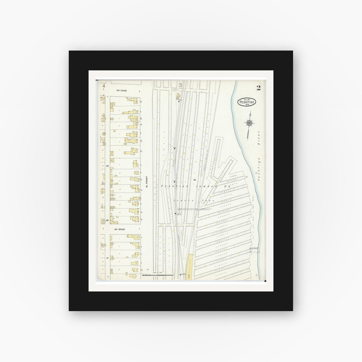Old map wall art mockup — black gallery frame with white mat — Sanborn Fire Insurance Map from Peshtigo, Marinette County, Wisconsin (1911), Sheet #0002