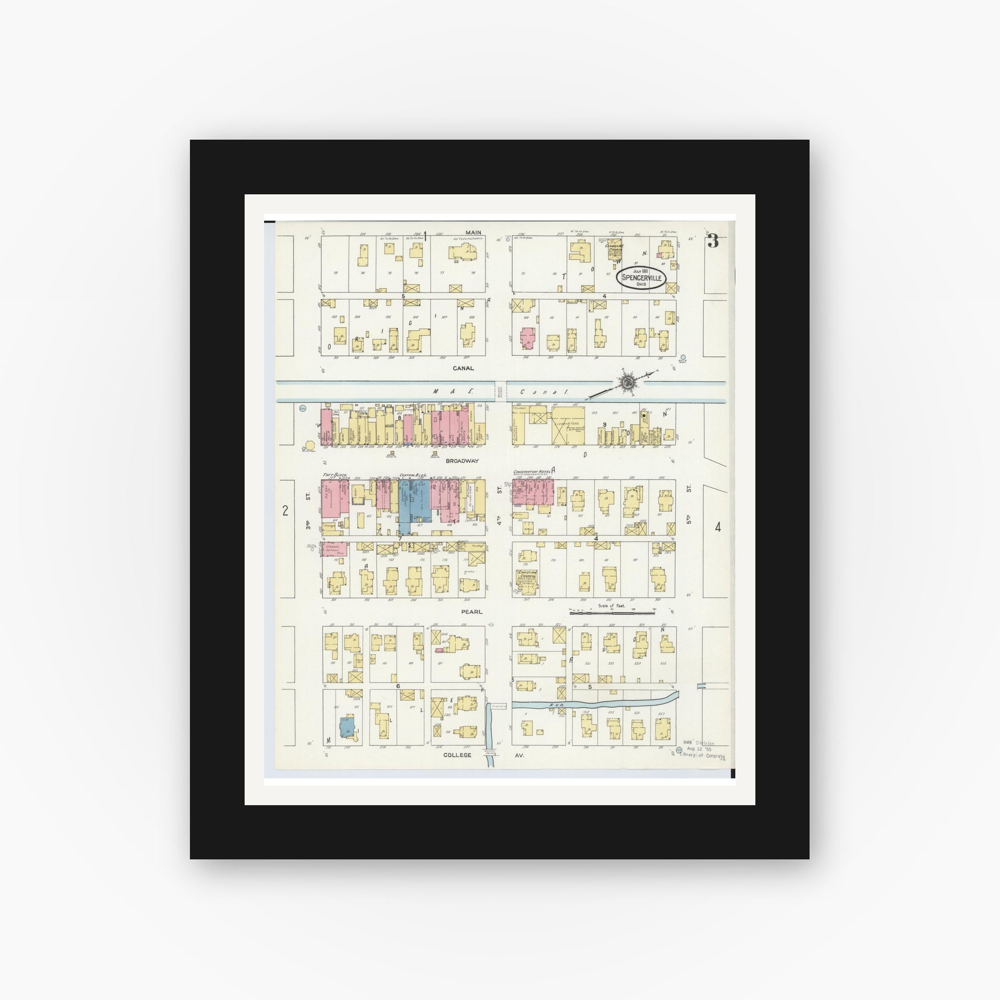 Old map wall art mockup — black gallery frame with white mat — Sanborn Fire Insurance Map from Spencerville, Allen County, Ohio (1911), Sheet #0003