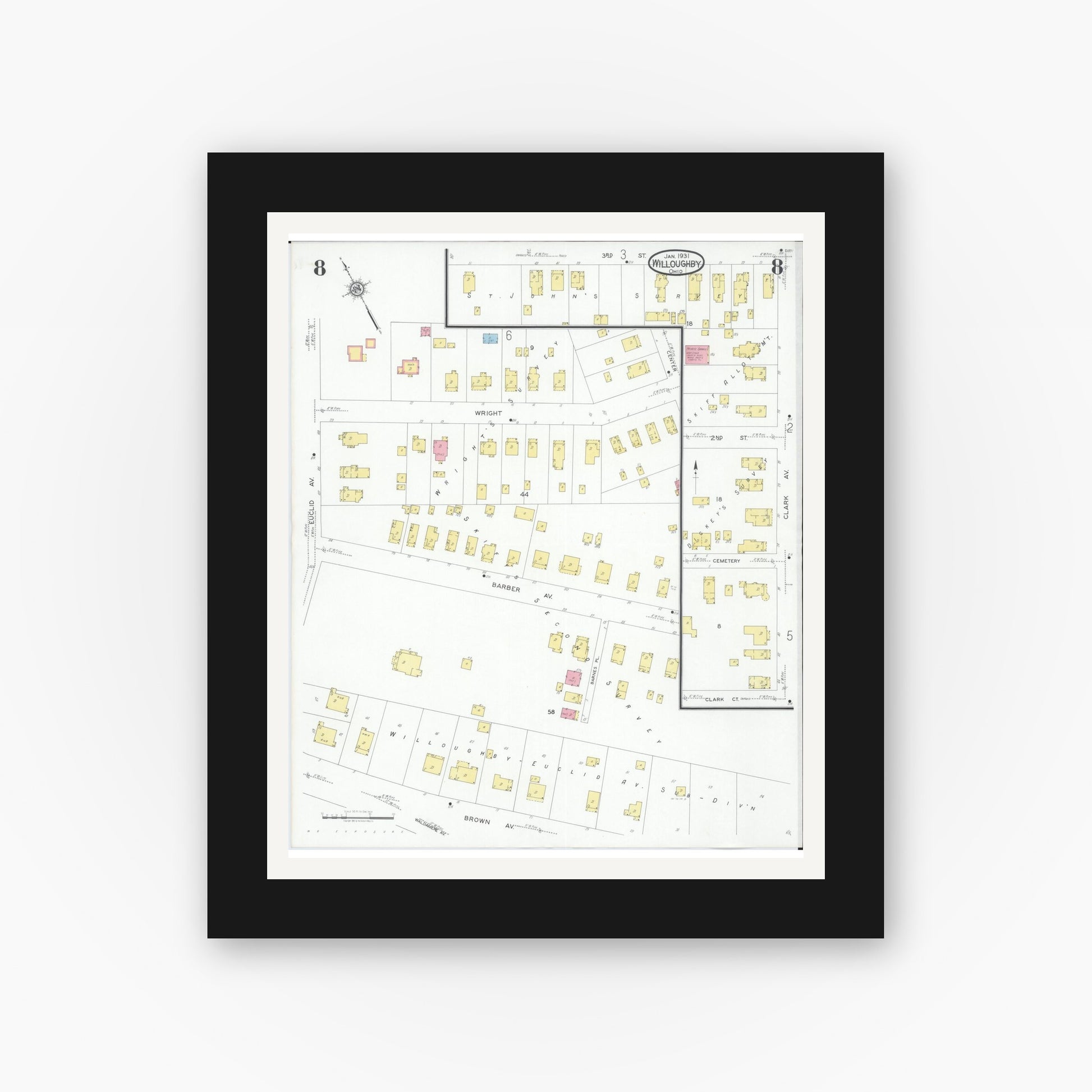 Old map wall art mockup — black gallery frame with white mat — Sanborn Fire Insurance Map from Willoughby, Lake County, Ohio (1931), Sheet #0008